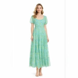 Likely Chloe Midi Dress 0 Blue Multi Puff Sleeve Chiffon Tiered Bridgerton